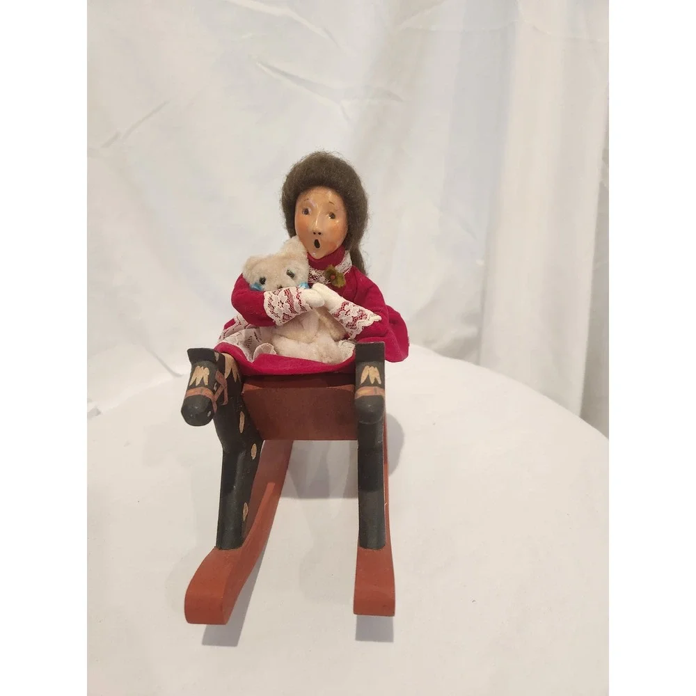 Byers Choice The Carolers 1990 Girl on Rocking Horse with Teddy Bear Figurine